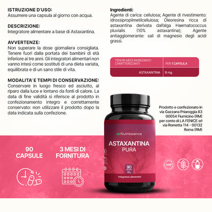 Astaxantina Naturale Pura Dosaggio Max| 90 Capsule – Antiossidante Potente da Haematococcus Pluvialis | Anti-Età, Protezione Cellulare e Pelle Sana | Senza Glutine e Lattosio