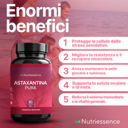 Astaxantina Naturale Pura Dosaggio Max| 90 Capsule – Antiossidante Potente da Haematococcus Pluvialis | Anti-Età, Protezione Cellulare e Pelle Sana | Senza Glutine e Lattosio